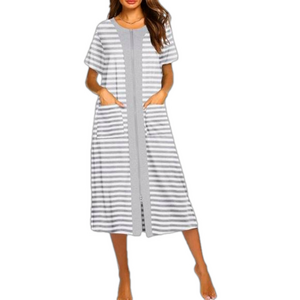 Short Sleeve House Coat Zipper Front Robe Full Length Nightgown with Pockets S